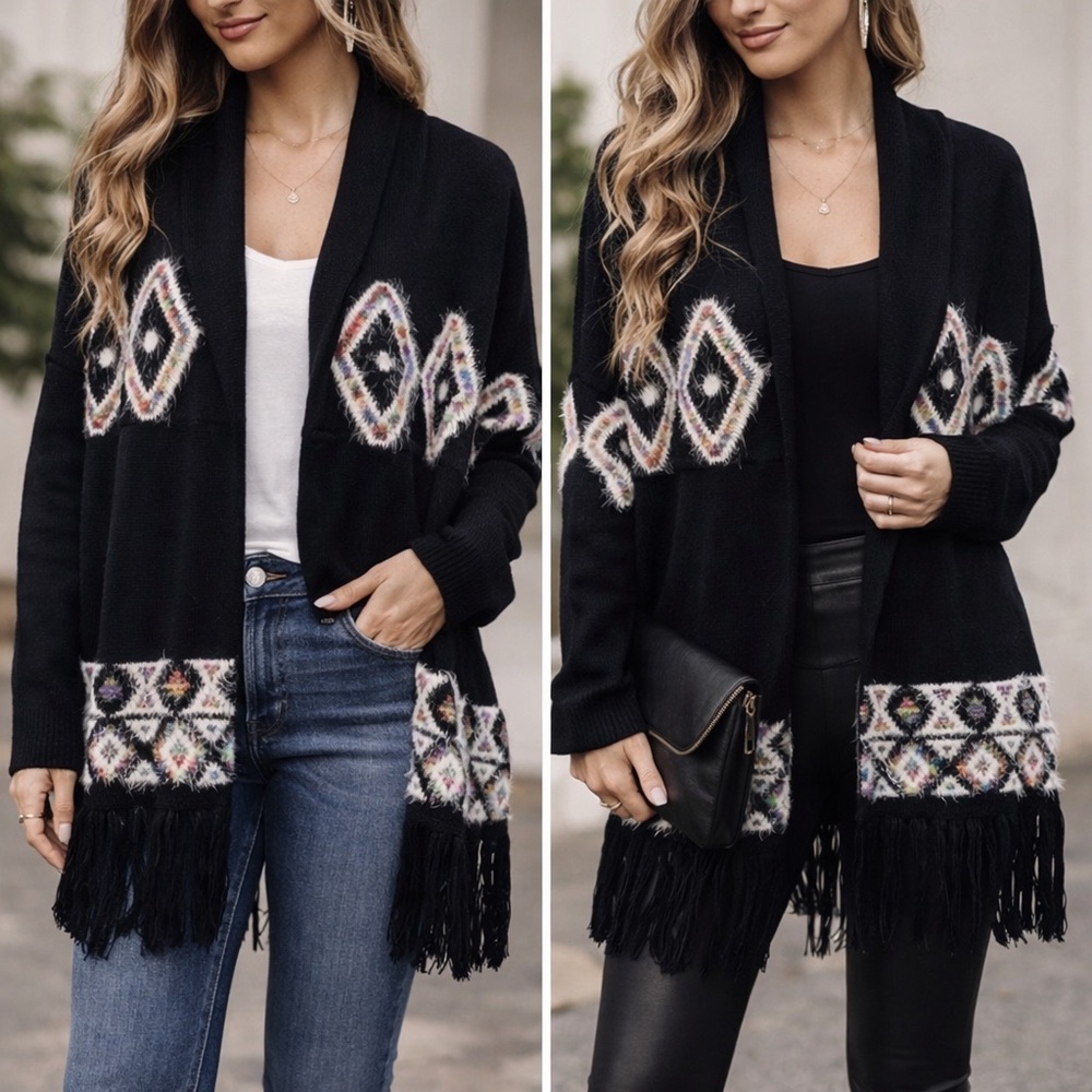 New Directions Black Cardigan with Geometric Pattern and Fringe